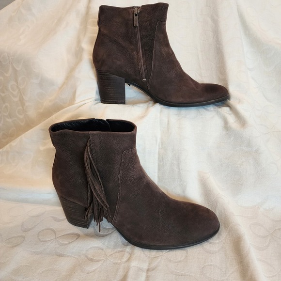 Ecco Boots 40 US 9/9.5 Brown Leather Fringe Ankle Zip Heel Western Boho Prairie - Picture 2 of 14